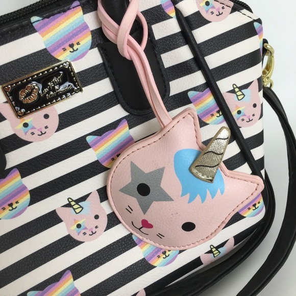 Luv Betsey Betsey Johnson Unicorn Cat Satchel Purse Bag Black White Stripe Small - Picture 6 of 13